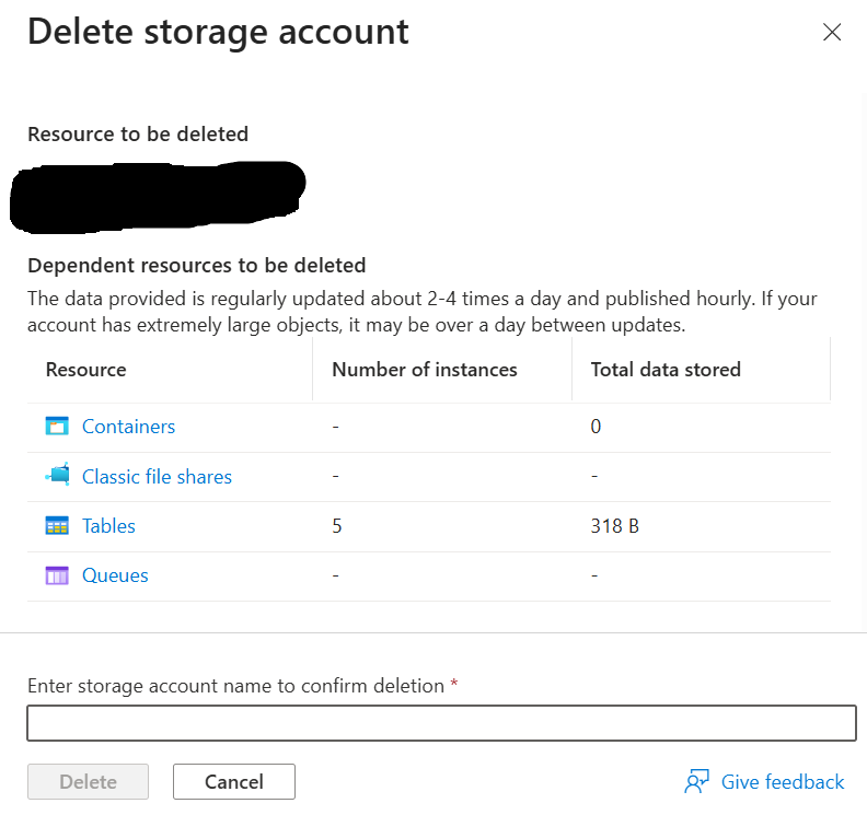 Modal shown when deleting the storage account